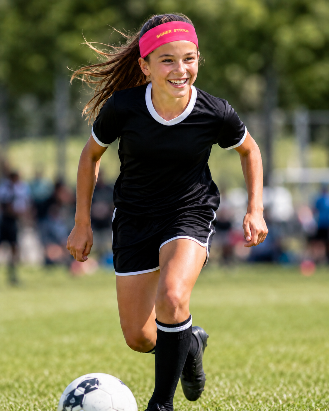 Young athlete wearing Pink Sports Headband on soccer field