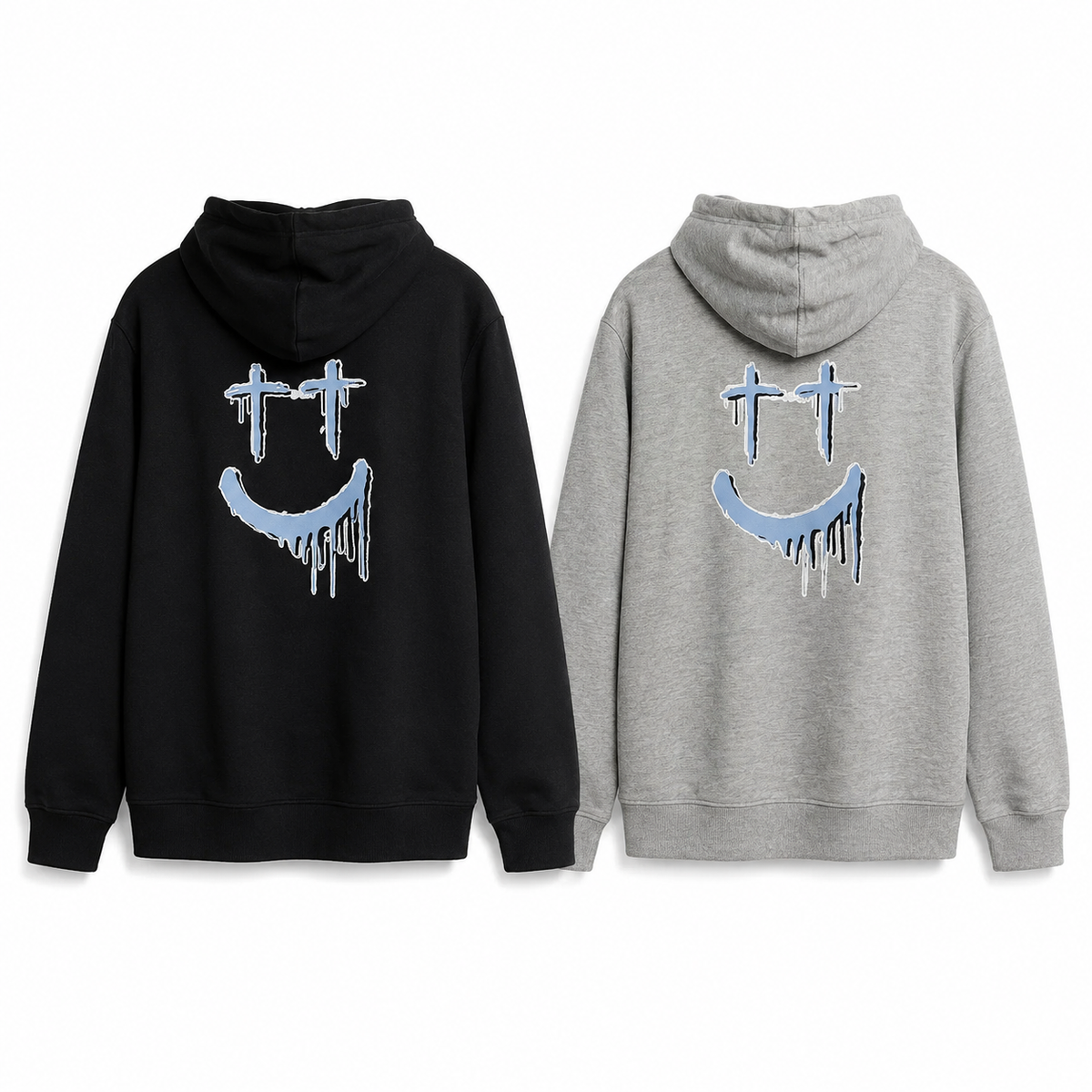 Smiley Face Light Hoodie - enhanced studio image (black & grey)
