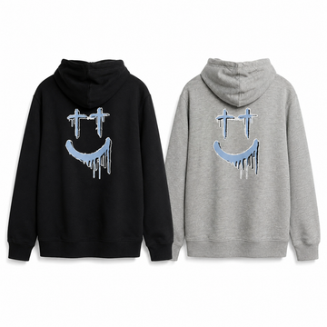 Smiley Face Light Hoodie - enhanced studio image (black & grey)