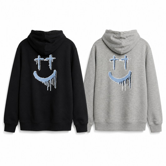 Smiley Face Light Hoodie - enhanced studio image (black & grey)